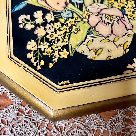 Vintage 70s/80s Chalk-ware Octagon Floral Black Contrast Wall Art Plaque - Picture 2 of 5